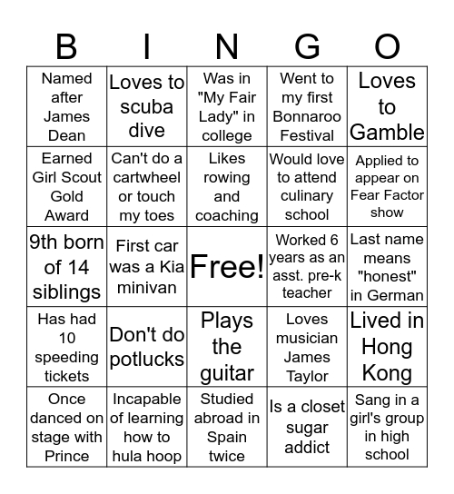 Mix and Mingle Bingo Card