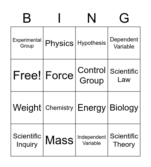 Physical Science Vocabulary Bingo Card