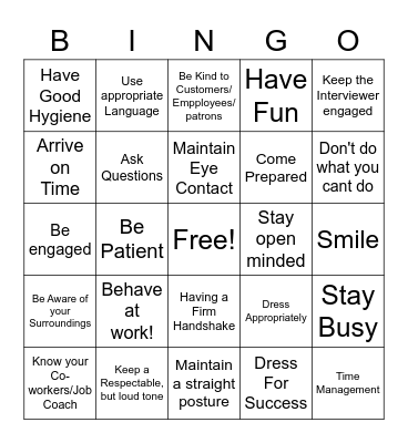 Employment Bingo Card