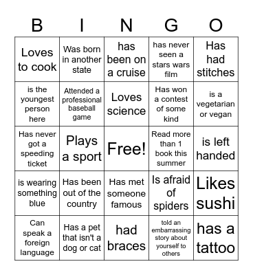 Get to know you bingo Card