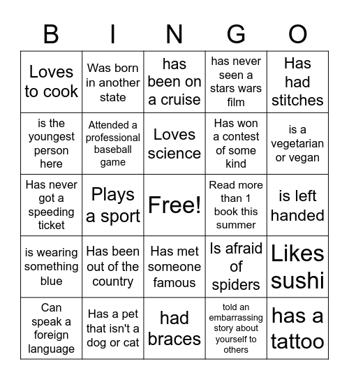 Get to know you bingo Card