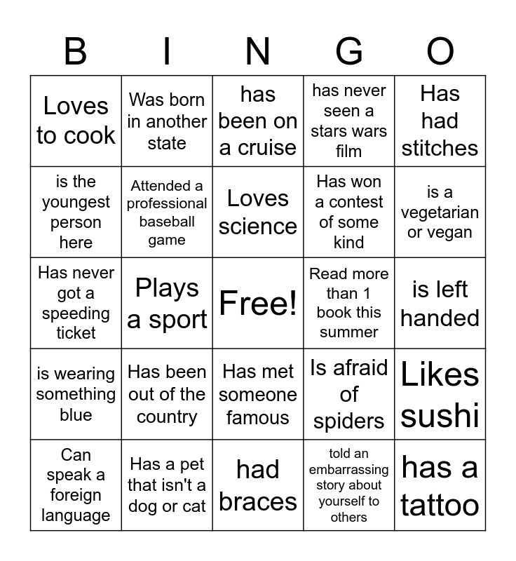 Get To Know You Bingo Card