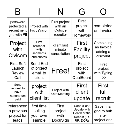 Project Manager Bingo Card