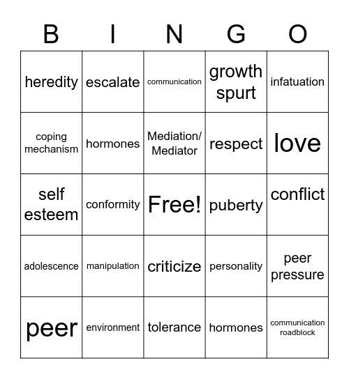 Personal Connections Vocabulary Bingo Card