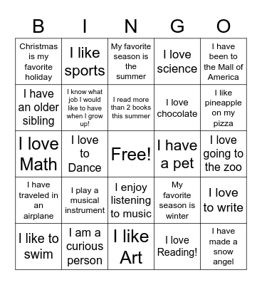 Getting To Know You Bingo Card