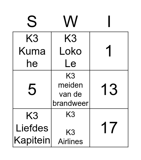 Kinder Swing Bing Halfje Wit Bingo Card