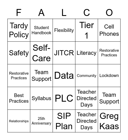 Welcome Back BINGO Card