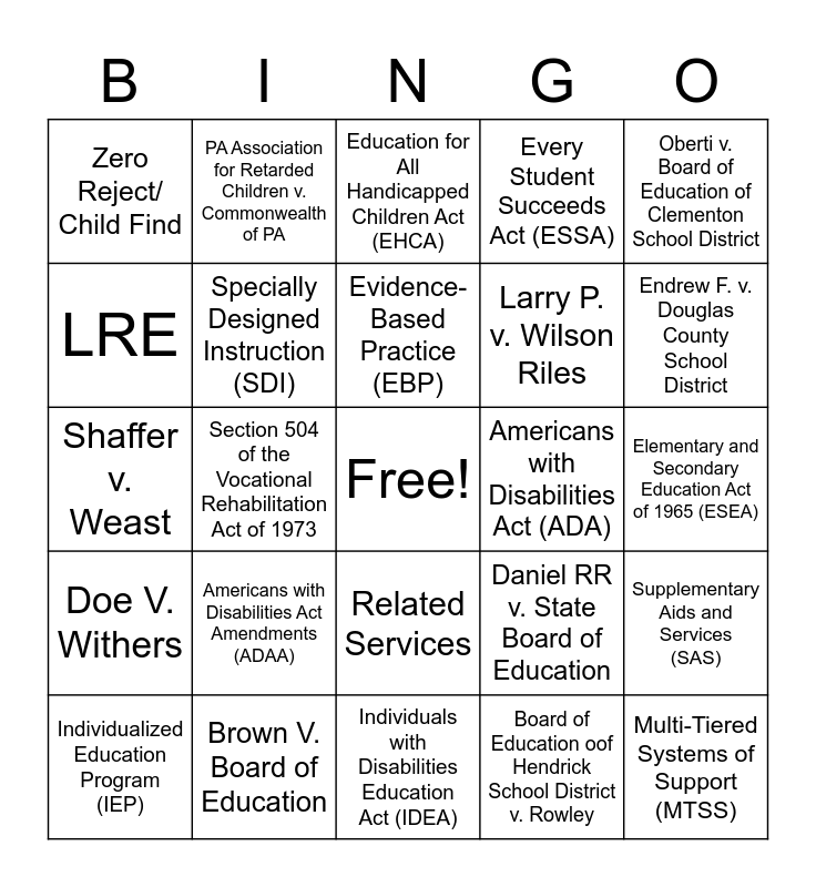 Special Education Law Bingo Card