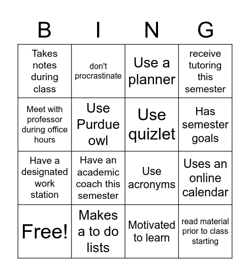 Academic Coaching Bingo Card