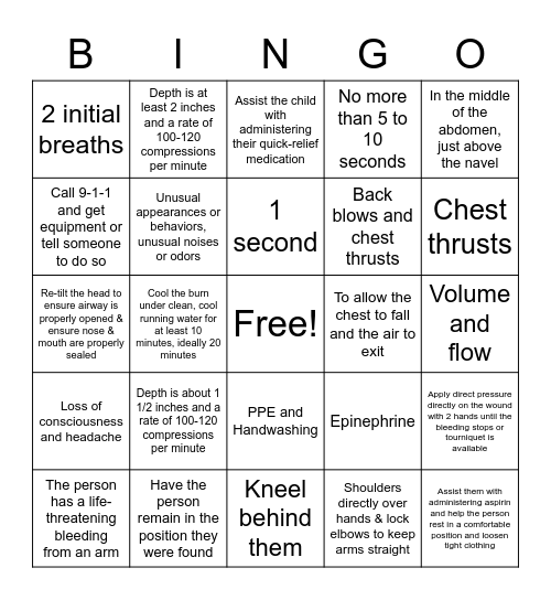 CPR/First Aid Refresher Bingo Card