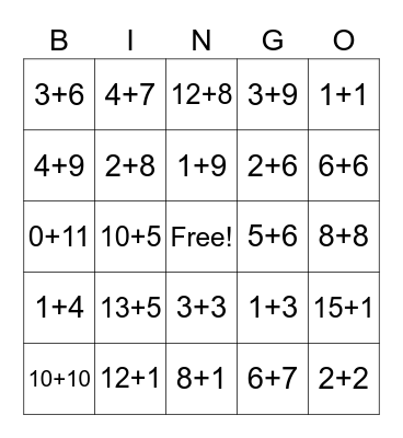 Addition Fact Bingo! Bingo Card