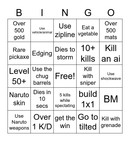 Fortnite bingo Card