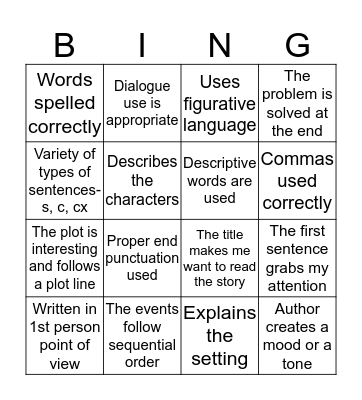 Peer Revising Bingo Card