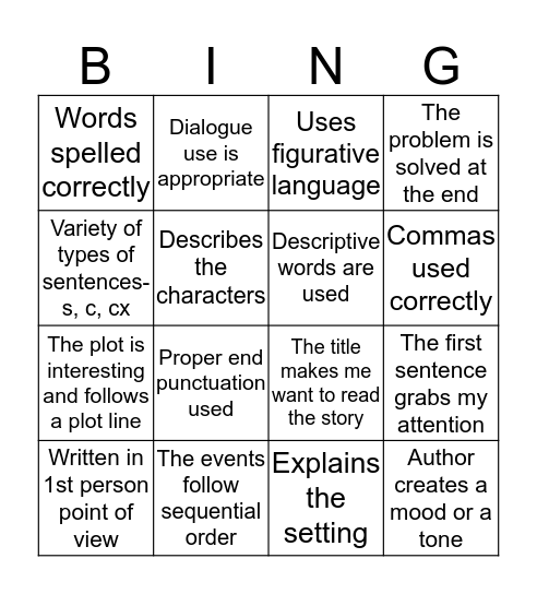 Peer Revising Bingo Card