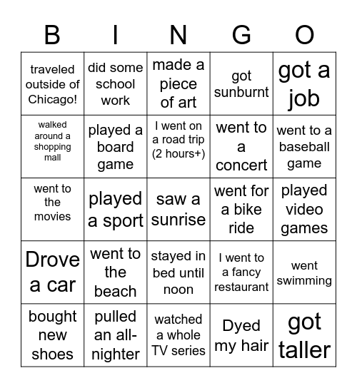 How was your summer? Bingo Card