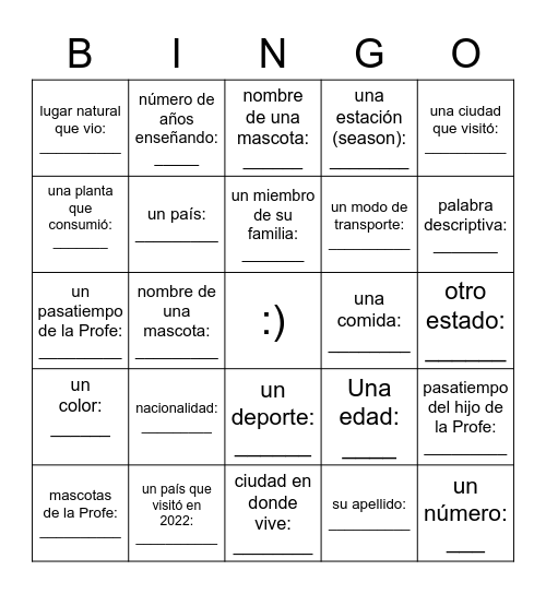 Bingo: La Profe Bingo Card