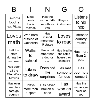 Middle School Bingo Card