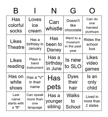 Middle School BINGO: Find someone who... Bingo Card