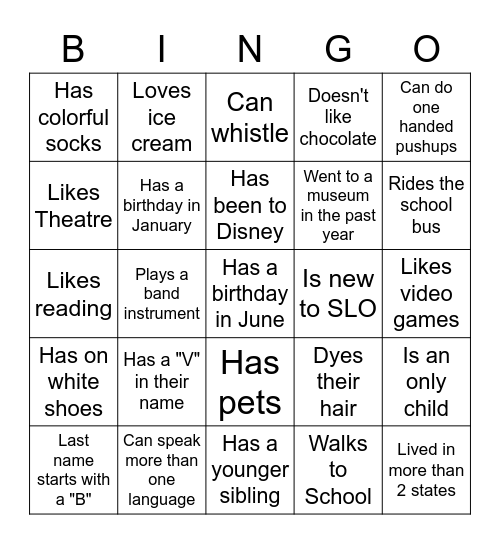 Middle School BINGO: Find someone who... Bingo Card