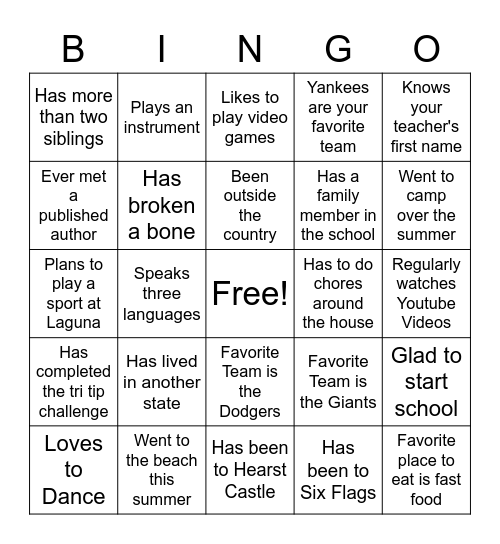 First Day of School Bingo Card