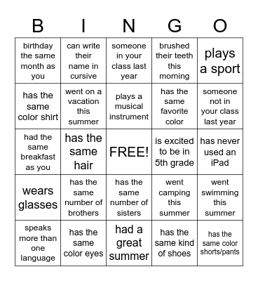Classmate BINGO Card