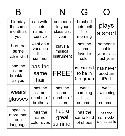 Classmate BINGO Card