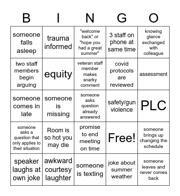 Back to School Staff Meeting Bingo Card