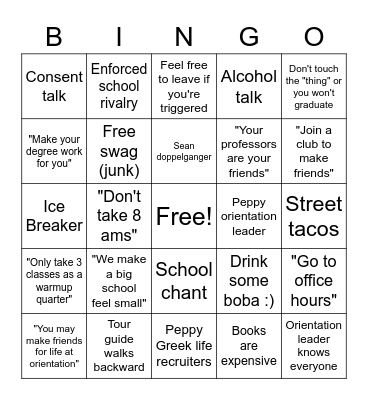 Joey's Orientation Bingo Card