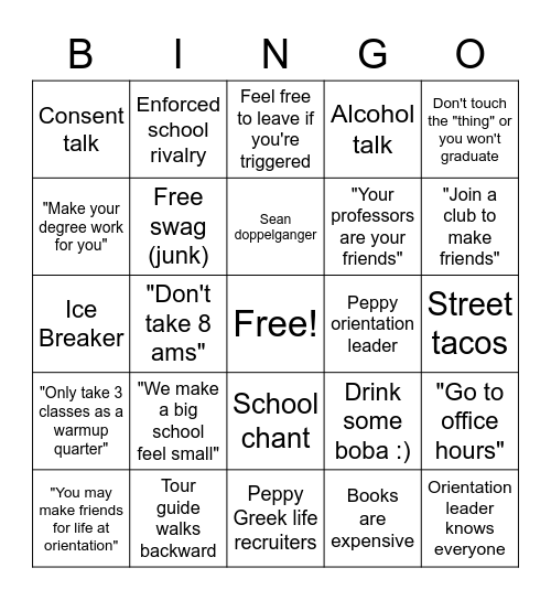 Joey's Orientation Bingo Card