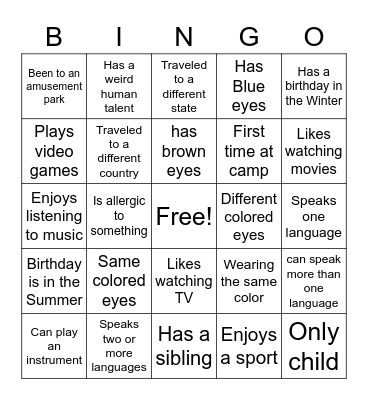 Characteristic Bingo Card