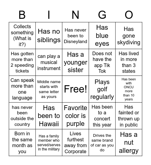 ONCU Coworker Bingo Card