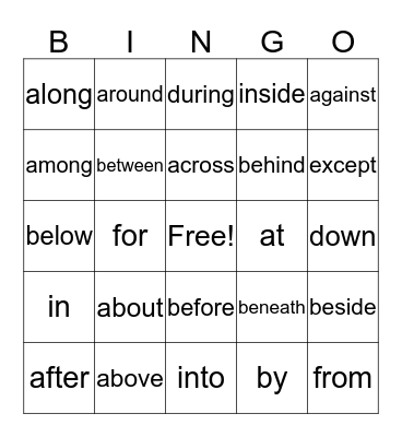 prepositions Bingo Card