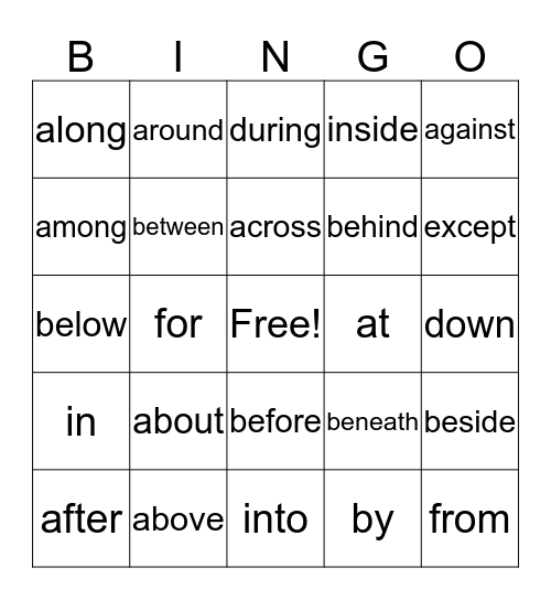 prepositions Bingo Card