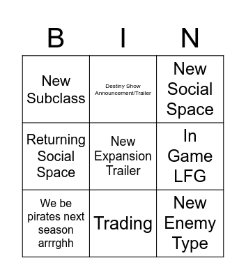 Destiny 2 Showcase Bingo Card