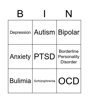 Mental Health  Bingo Card