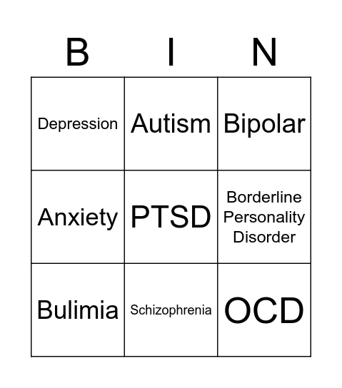 Mental Health  Bingo Card