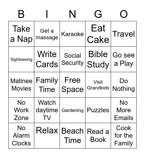 Retirement Bingo Card