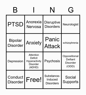 MENTAL HEALTH ILLNESSES & DISORDERS Bingo Card