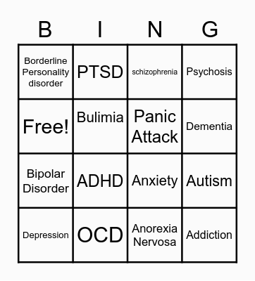 MENTAL HEALTH ILLNESSES & DISORDERS Bingo Card