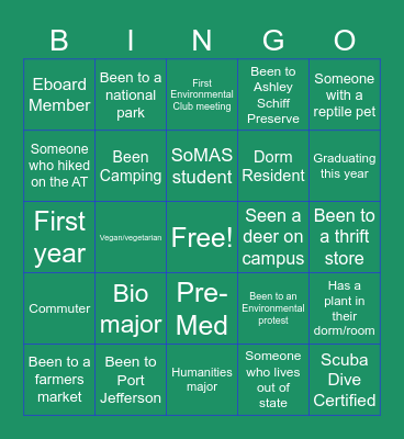 Environmental Club Icebreaker Bingo Card