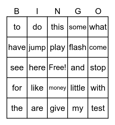 Sight Words Bingo Card