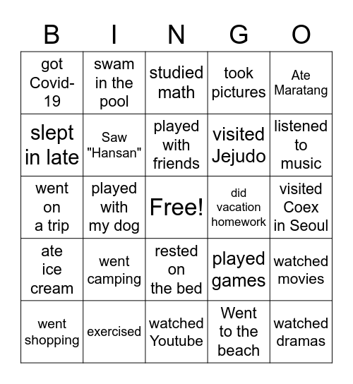 What did you do during summer vacation? Bingo Card