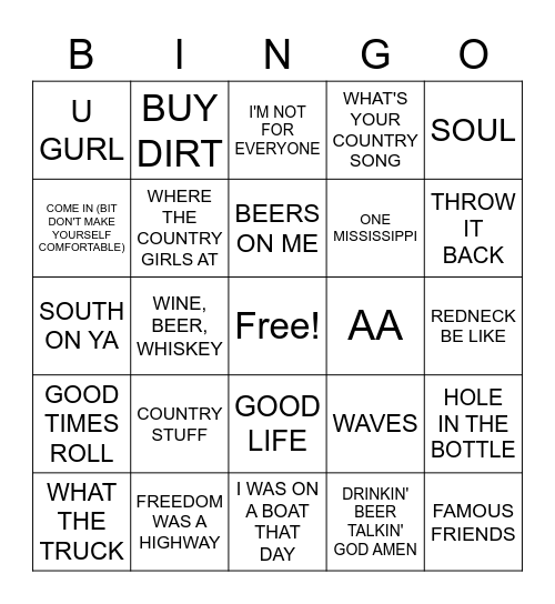 GATOR'S COUNTRY HITS Bingo Card