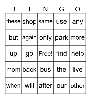 Sight Words Bingo Card