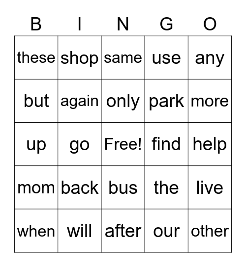Sight Words Bingo Card