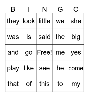 Sight Words Bingo Card