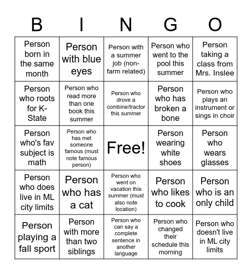 Get to know each other... Bingo Card