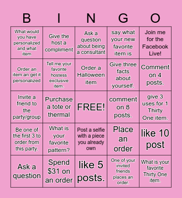 Thirty One Bingo Card