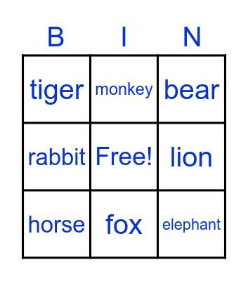 Animals Bingo Card