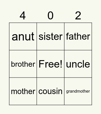 U4 Family Bingo Card